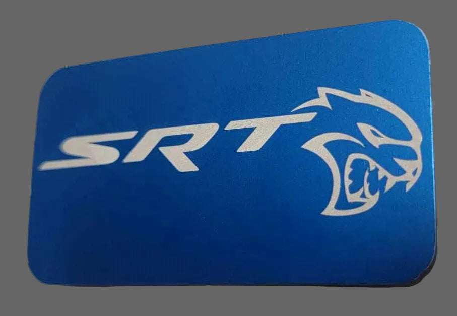 Laser‑engraved blue anodized Hellcat supercharger lid badge