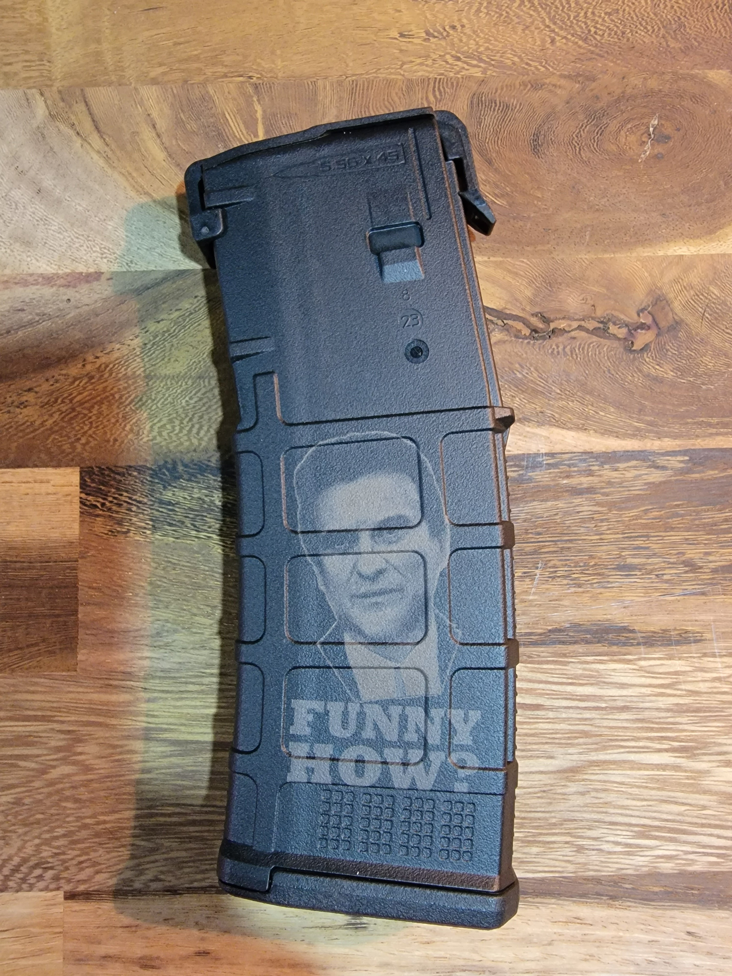 “Laser‑engraved M3 PMAG with Joe Pesci ‘Funny How’ Goodfellas meme artwork.”
