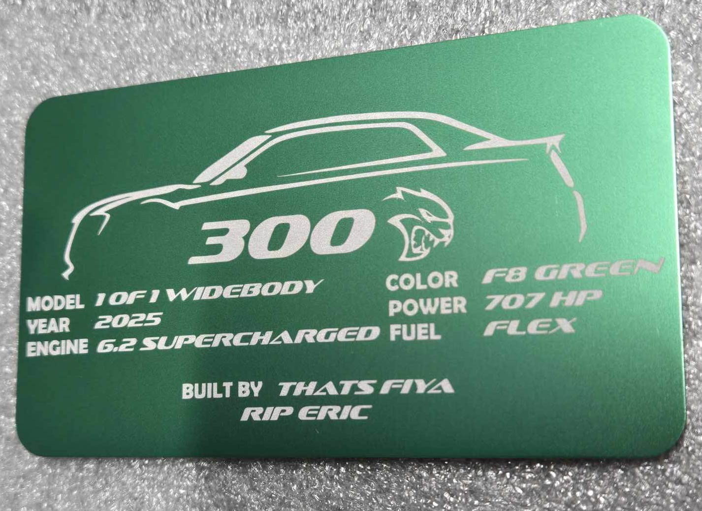 Green anodized aluminum 300 build plate with engraved specs