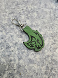 Green carbon‑fiber style keychain with engraved hellcat‑inspired design, lightweight custom automotive accessory.