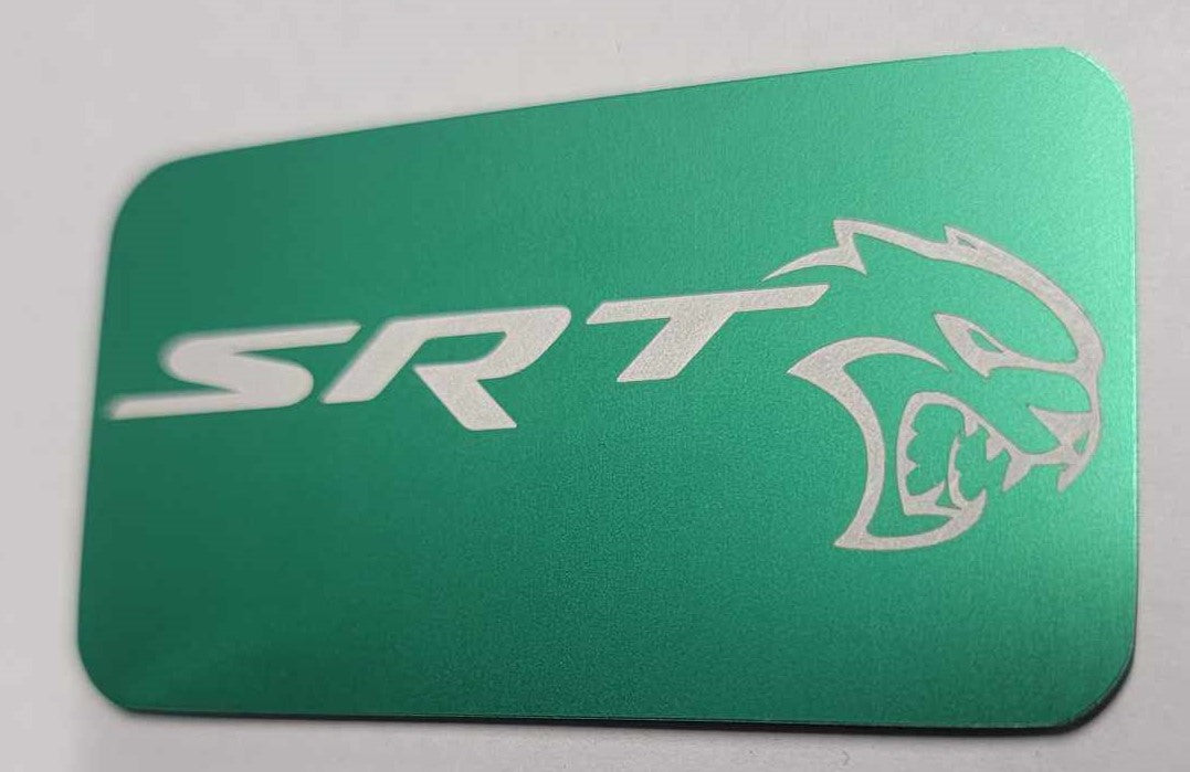 Laser‑engraved green anodized Hellcat supercharger lid badge