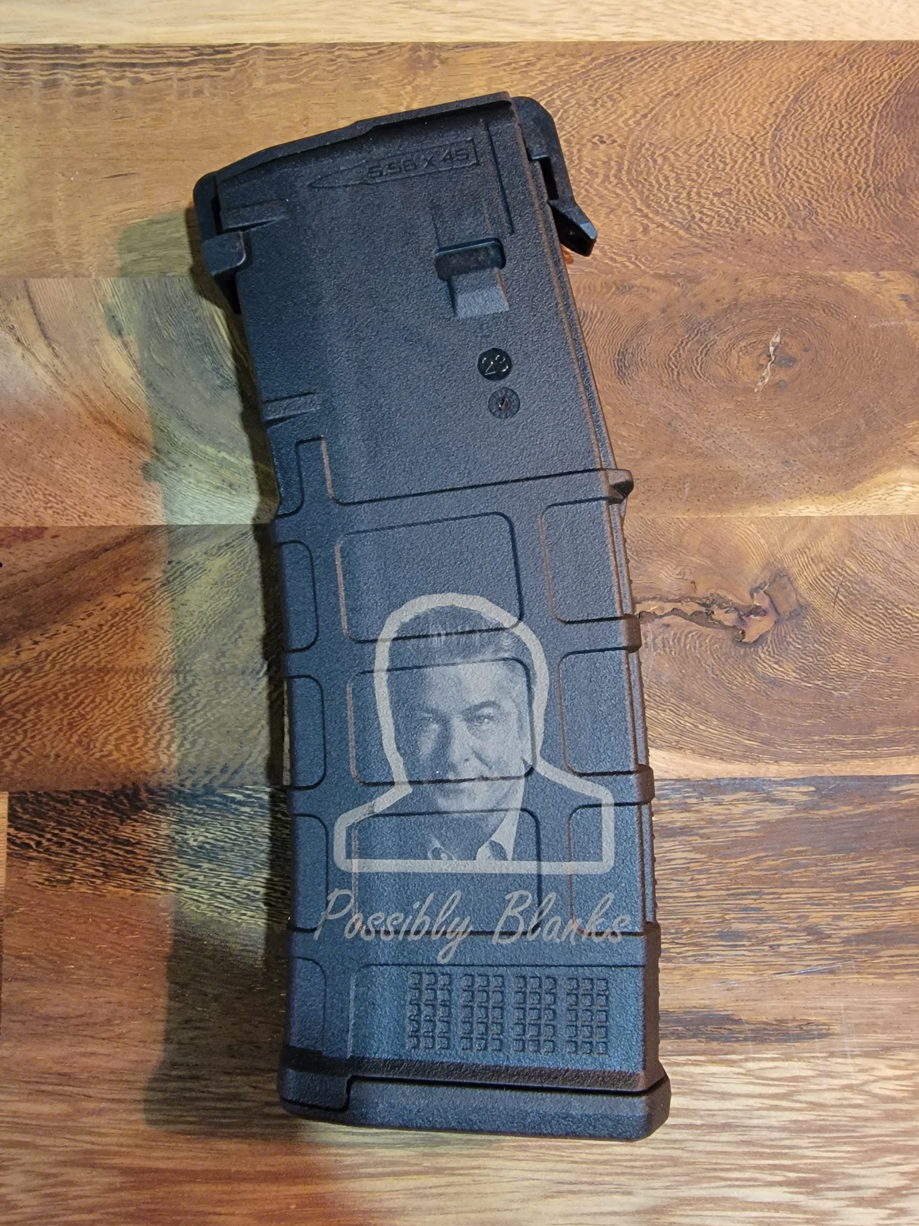 Funny Alec Baldwin ‘blanks possibly’ meme engraved on M3 PMAG, precision laser artwork.
