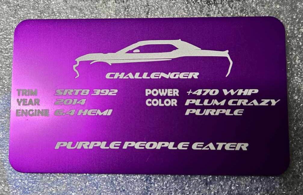 Purple anodized aluminum Dodge Challenger build plate with engraved specs