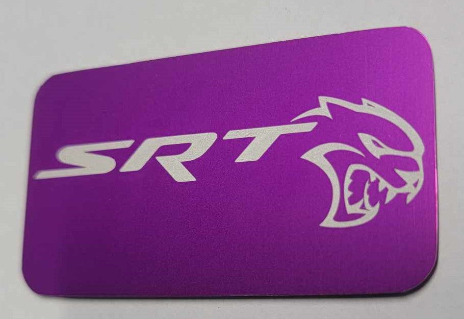 Laser‑engraved purple anodized Hellcat supercharger lid badge